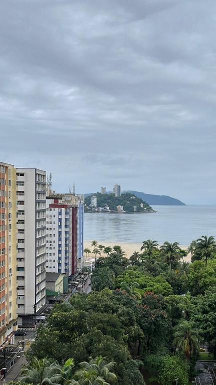 a view of a city with a beach and buildings at Apartamento São Vicente in São Vicente