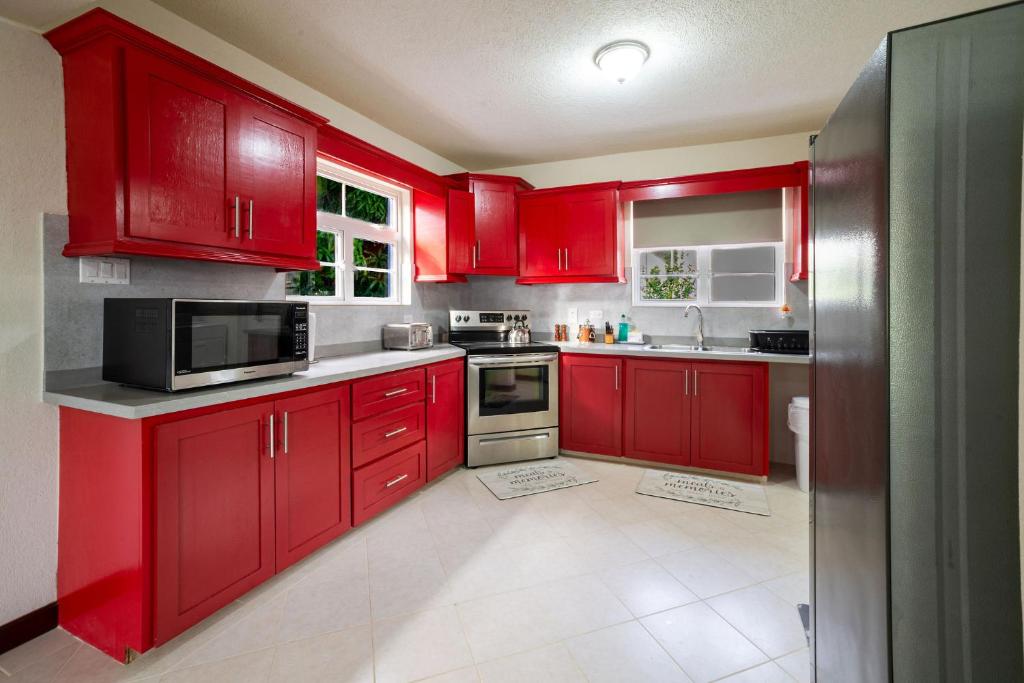 a red kitchen with stainless steel appliances and red cabinets at Best E Villas St Silas St James in Saint James