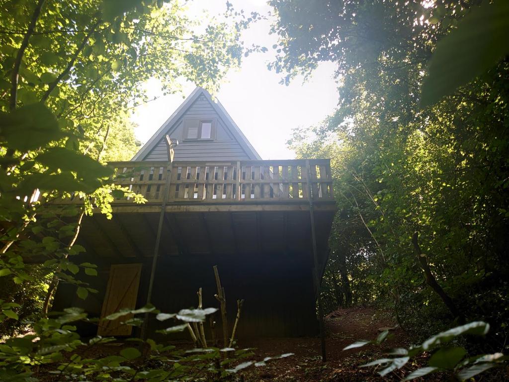 a house sitting in the middle of a forest at Chalet 230 I Gezellig chalet aan de rand van het bos - 5 persoons I Durbuy in Durbuy