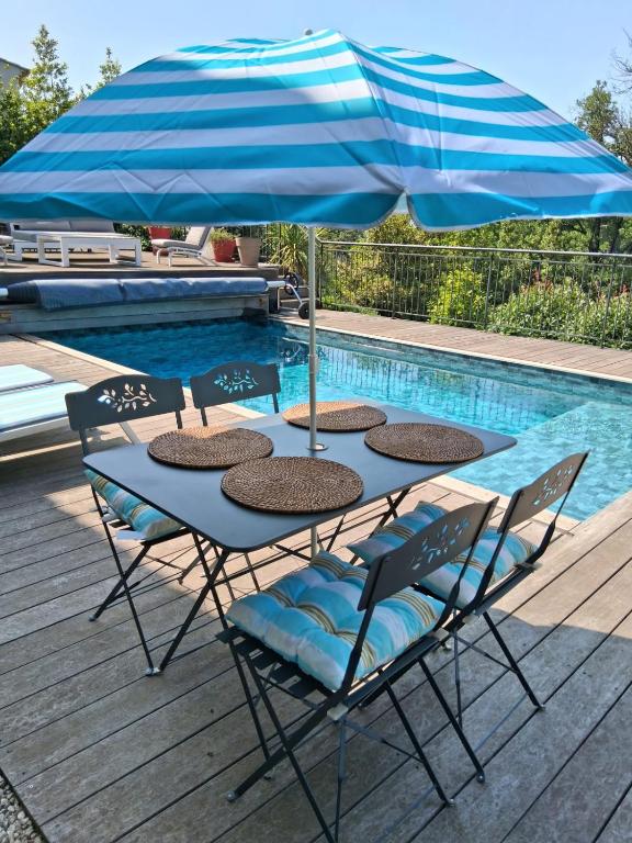 - une table avec des chaises et un parasol à côté de la piscine dans l'établissement Rez de Jardin d'une Bastide VILLA LA GARDI avec Piscine privée, à La Garde-Freinet