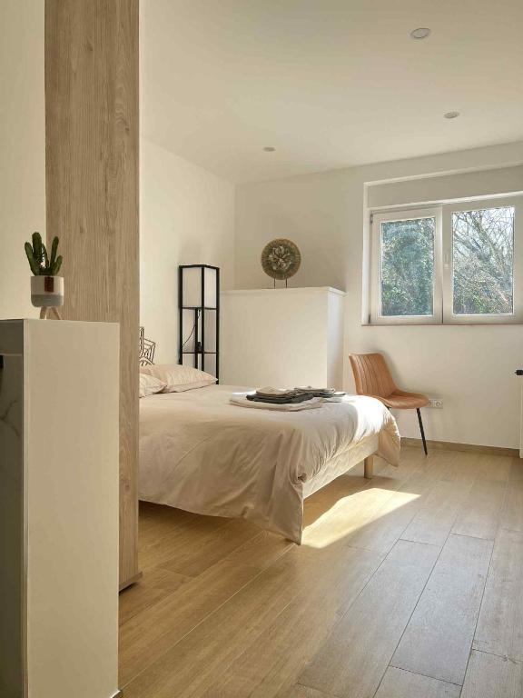 a white bedroom with a bed and a chair at Oasis & Charme au Cœur Ville in Audun-le-Tiche