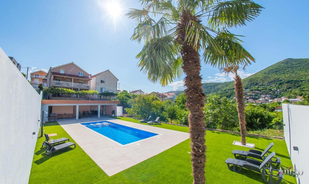 a villa with a swimming pool and palm trees at Villa Amor in Mostar