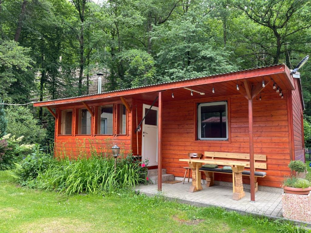 a small red cabin with a picnic table in front of it at Bungalow 55 Naturcamping Ziegenrück Plothental in Ziegenrück