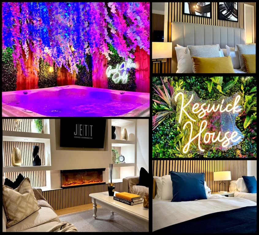 a collage of pictures of a living room with a request house at Keswick Hot Tub Family House in Lytham St Annes