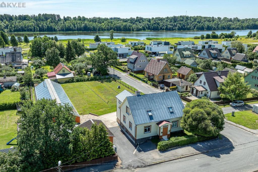 an aerial view of a small town with houses at Põhk Greenhouse apartment in Viljandi