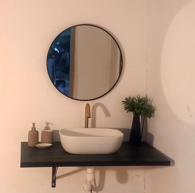 ein Badezimmer mit Waschbecken und Spiegel in der Unterkunft אירוח בגבעה in Giv‘at Shemuʼel