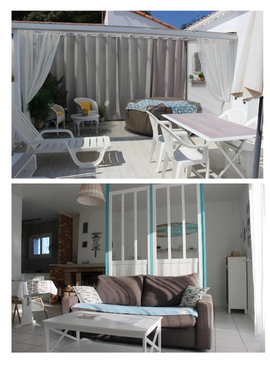 un salon avec un canapé et une table dans l'établissement GITE AVEC SPA ENTRE FORET ET PLAGE - Ambiance Bord de Mer, à Saint-Hilaire-de-Riez