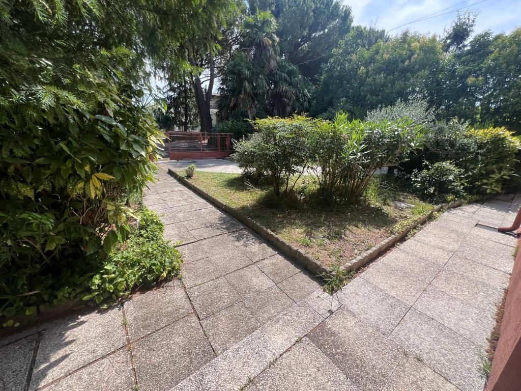 un jardin avec des buissons et une allée dans l'établissement Villa Egles - Villa con giardino a Lignano Sabbiadoro, à Lignano Sabbiadoro