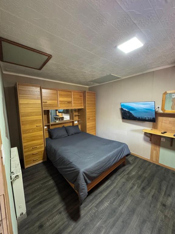 a bedroom with a bed and a tv on the wall at Studio St Florentin 2 in Saint-Florentin