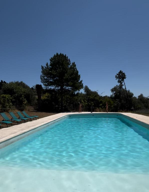 - une piscine d'eau bleue avec des chaises et des arbres dans l'établissement 3 pièces au dernier étage dans bastide grassoise, à Grasse