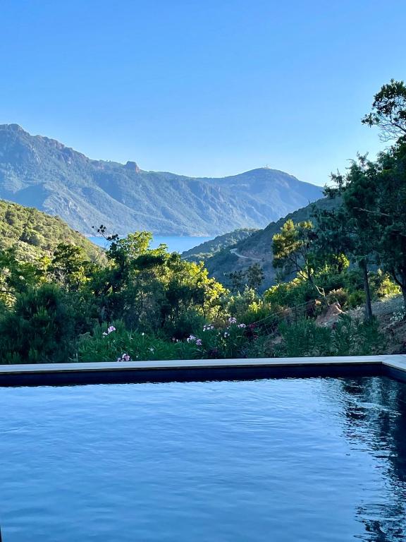 a swimming pool with a view of a mountain at Casa Paula in Serriera