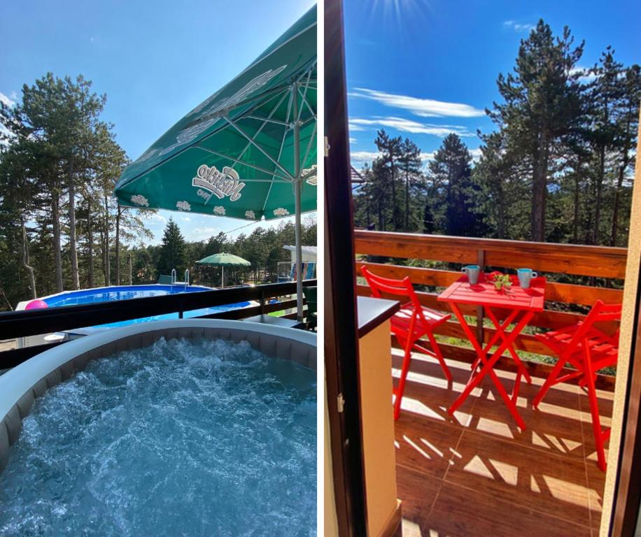 a hot tub on a deck with a table and chairs at Vila Mirjana Tara in Kaludjerske Bare