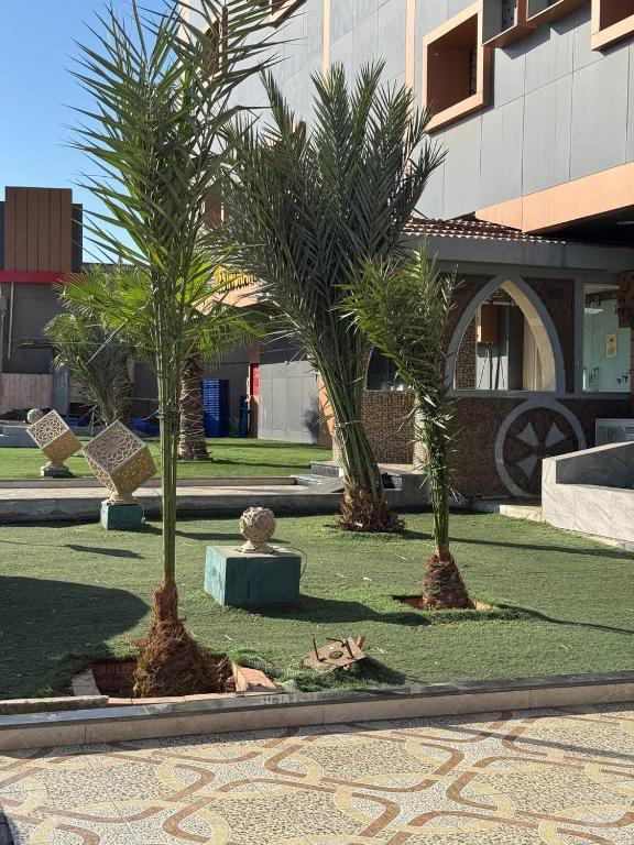 Ḑubāأعمال الهاشم للشقق المخدومة ضبا Al Hashem for Served Apartments的建筑物前的一组棕榈树