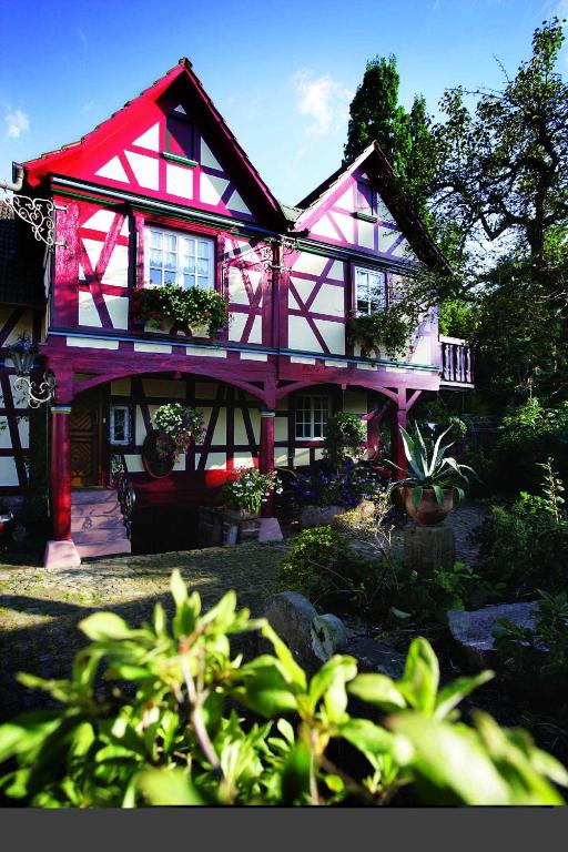 a pink and white house with plants in front of it at Romantik-Pension Vogt in Offenburg