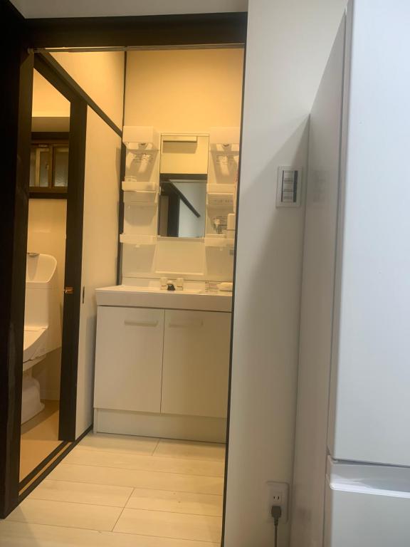 ein kleines Badezimmer mit Waschbecken und Spiegel in der Unterkunft 仁信小屋 in Tokio