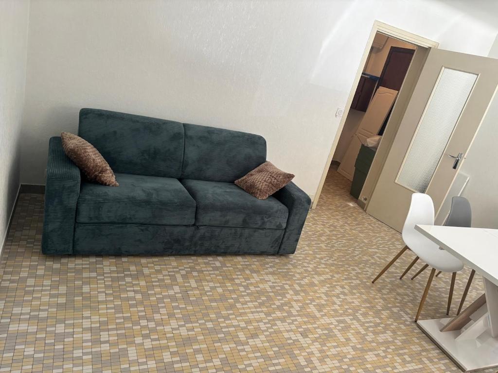 een groene bank met 2 kussens in een woonkamer bij Appartement entier in Aubenas