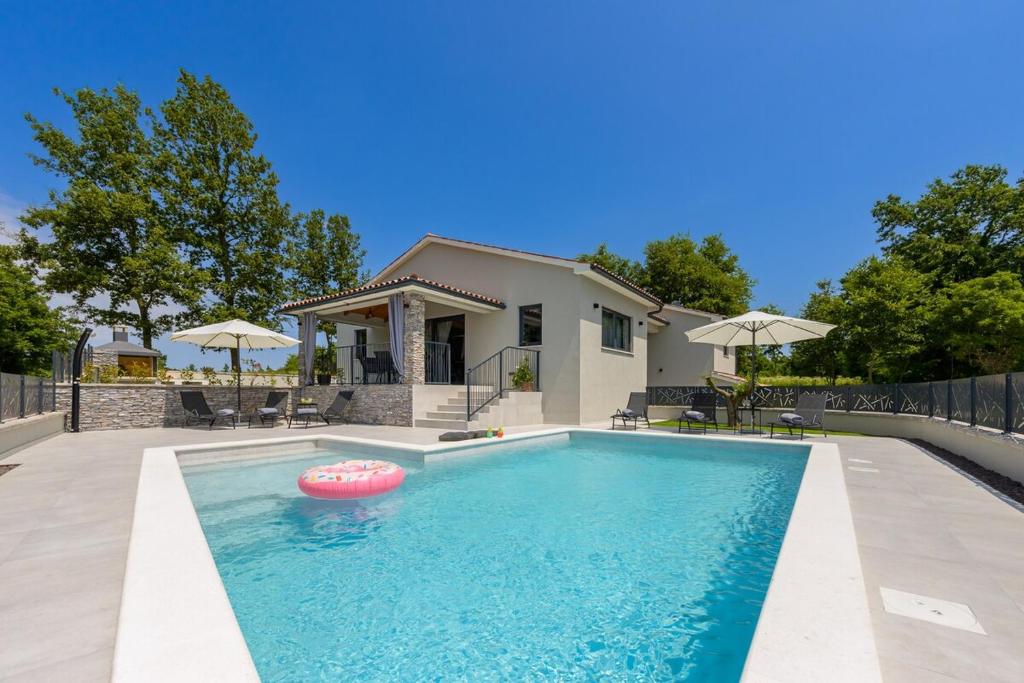 a swimming pool with a frisbee in front of a house at Villa Nik by Istrialux in Svetvinčenat