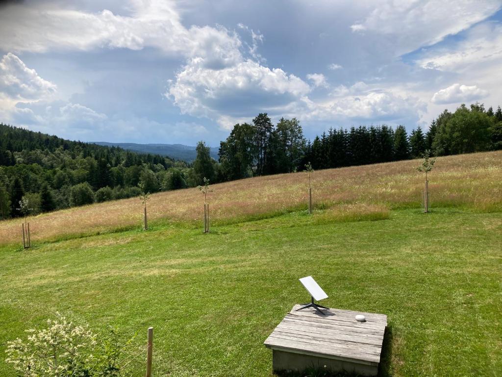a laptop sitting on a wooden table in a field at Apartmány2 - Náhlov in Frymburk
