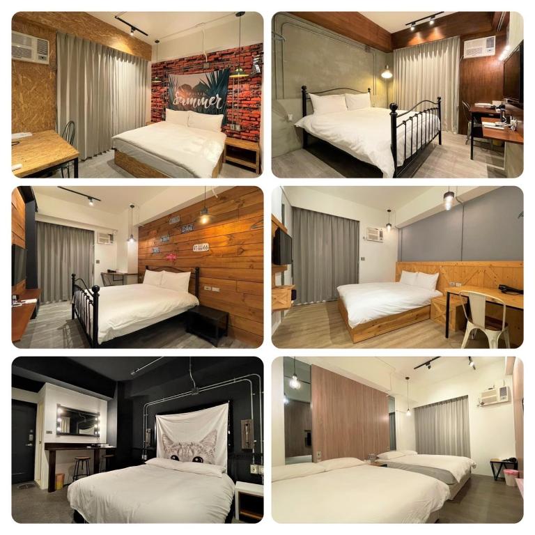 a collage of four pictures of a hotel room at 逢甲沐旅 in Taichung