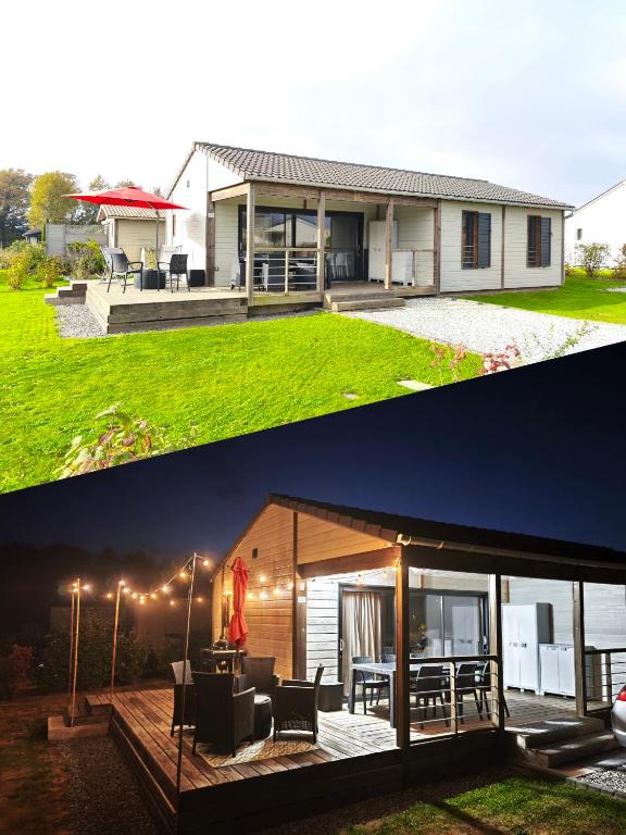 deux photos d'une maison et d'une maison avec un toit dans l'établissement Chalet 3 chambres dans un domaine privé avec piscine chauffée et city park, à Marzan