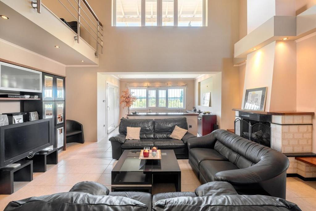 a living room with a leather couch and a fireplace at Paula Cozy Villa in Corfu in Áfra