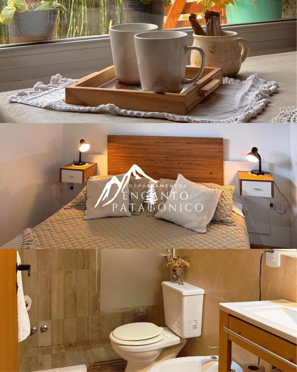 a bathroom with a toilet and a table with a coffee cup at Encanto Patagónico in El Bolsón