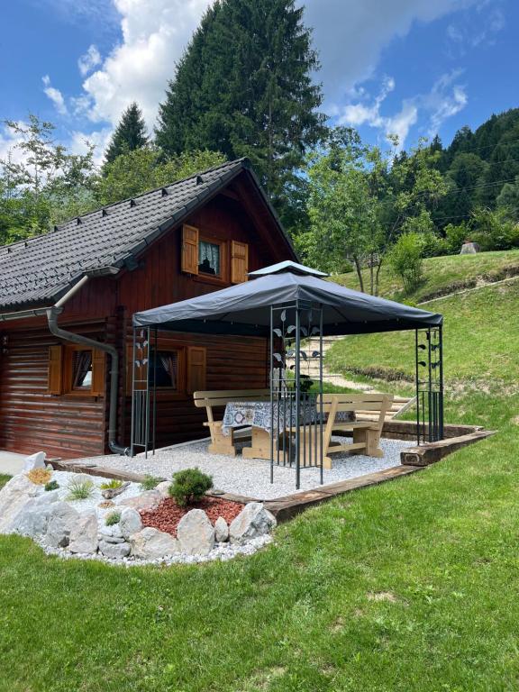 a cabin with a picnic table and an umbrella at Cottage Ladybug in Mojstrana