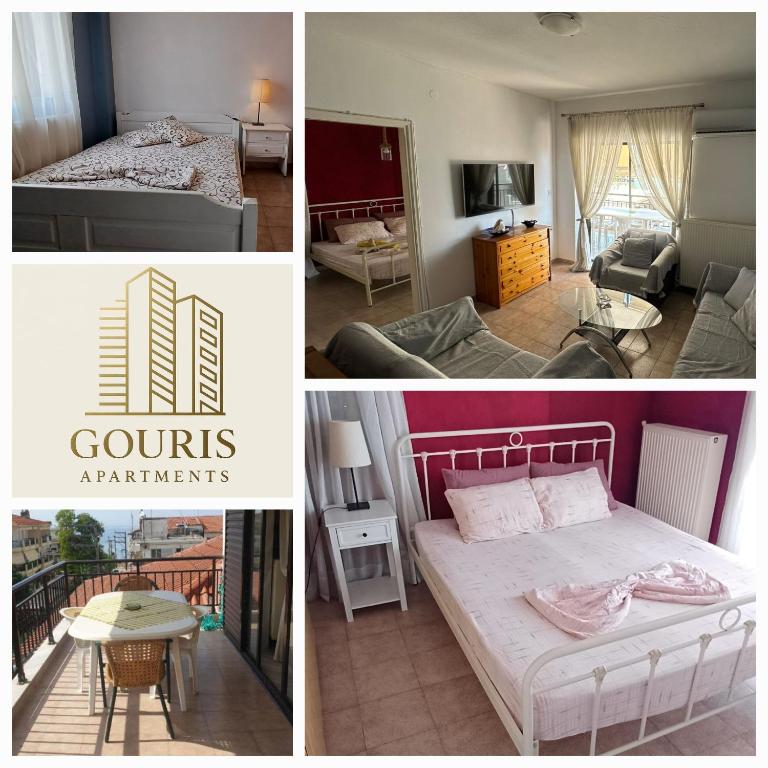 a collage of four pictures of a bedroom and a room at Gouris Appartements in Nea Kallikrateia