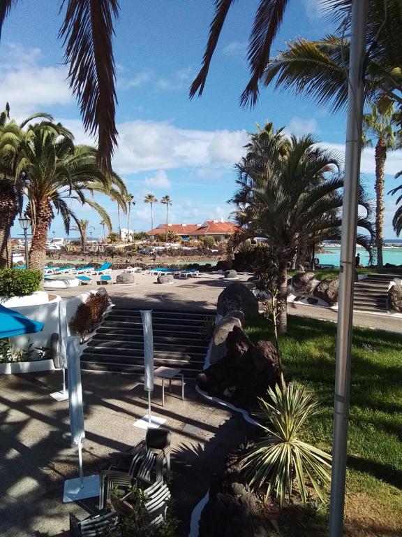 a view of the beach from a resort with palm trees at Bahamas Avenida Muelle in Puerto de la Cruz