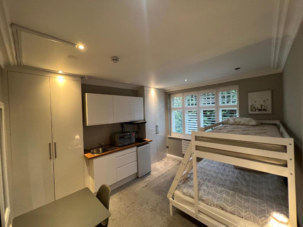 a bedroom with a bunk bed and a kitchen at 3 x Studios Golden Manor in Hanwell