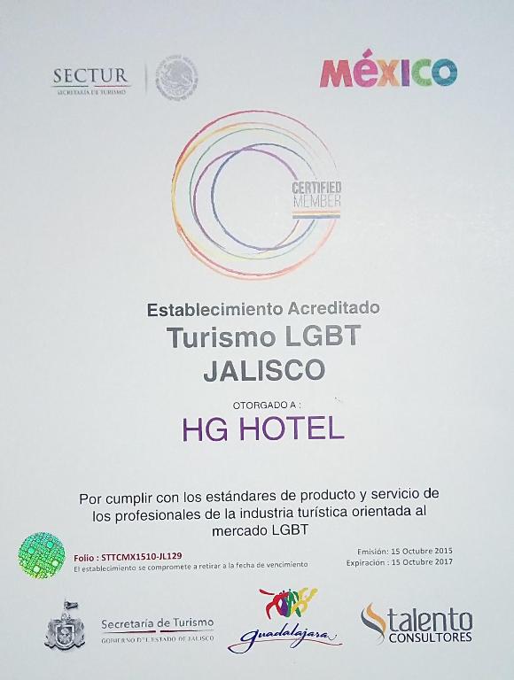 Certifikát, hodnocení, plakát nebo jiný dokument vystavený v ubytování HG Hotel