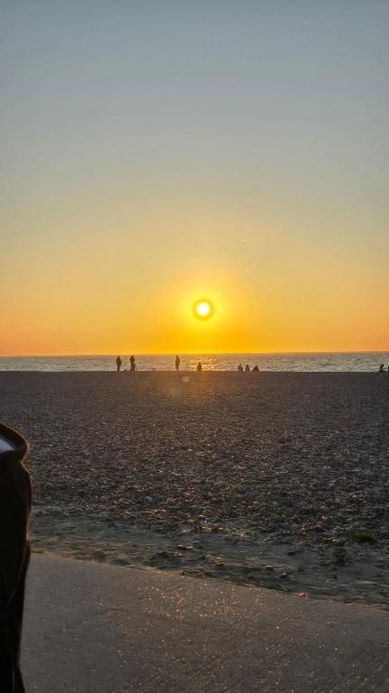 a group of people on the beach at sunset at Appartement plage & port in Le Tréport