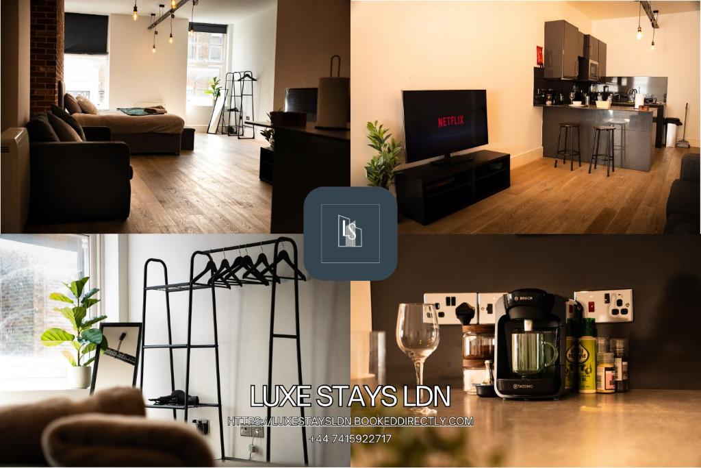 a living room and a living room with a tv at Chic Brighton Studio in Brighton & Hove