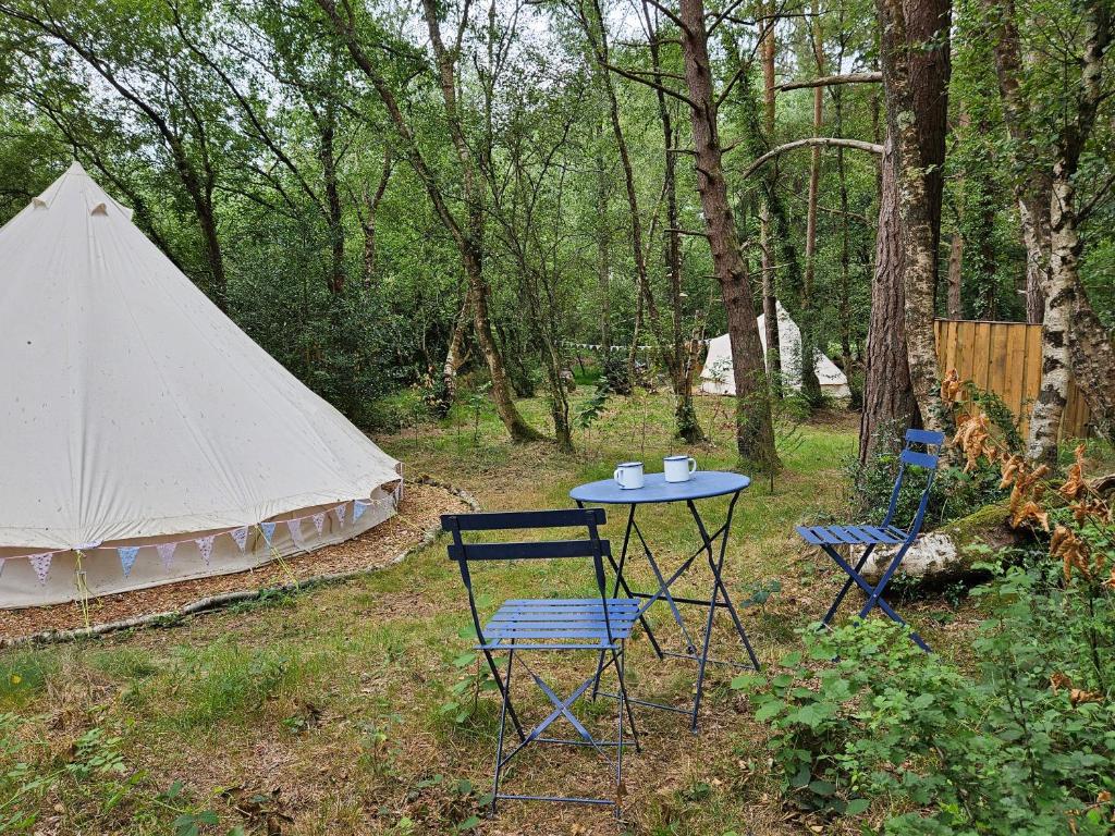 two chairs and a table and a tent in a yard at Bovey Heath Retreat in Bovey Tracey