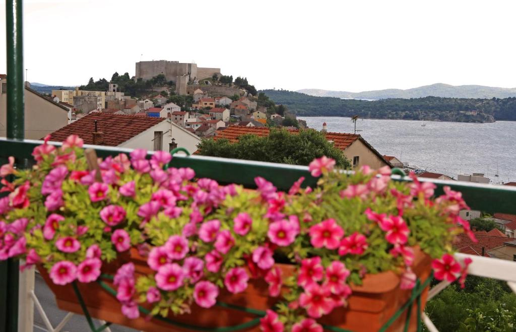 a bunch of pink flowers sitting on a balcony at Apartment Boni in Šibenik