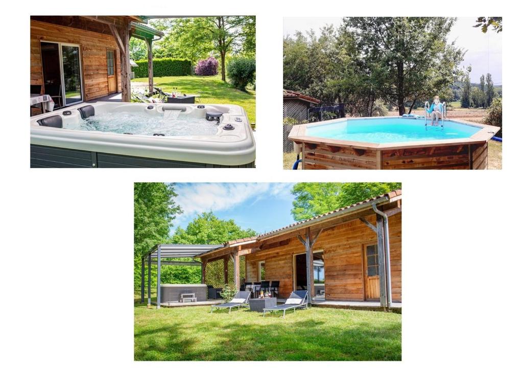 a collage of pictures of a pool and a house at Chalet Cèdre - Les Chalets de Barruérot - Spa jacuzzi privatif in Peyrusse-Grande