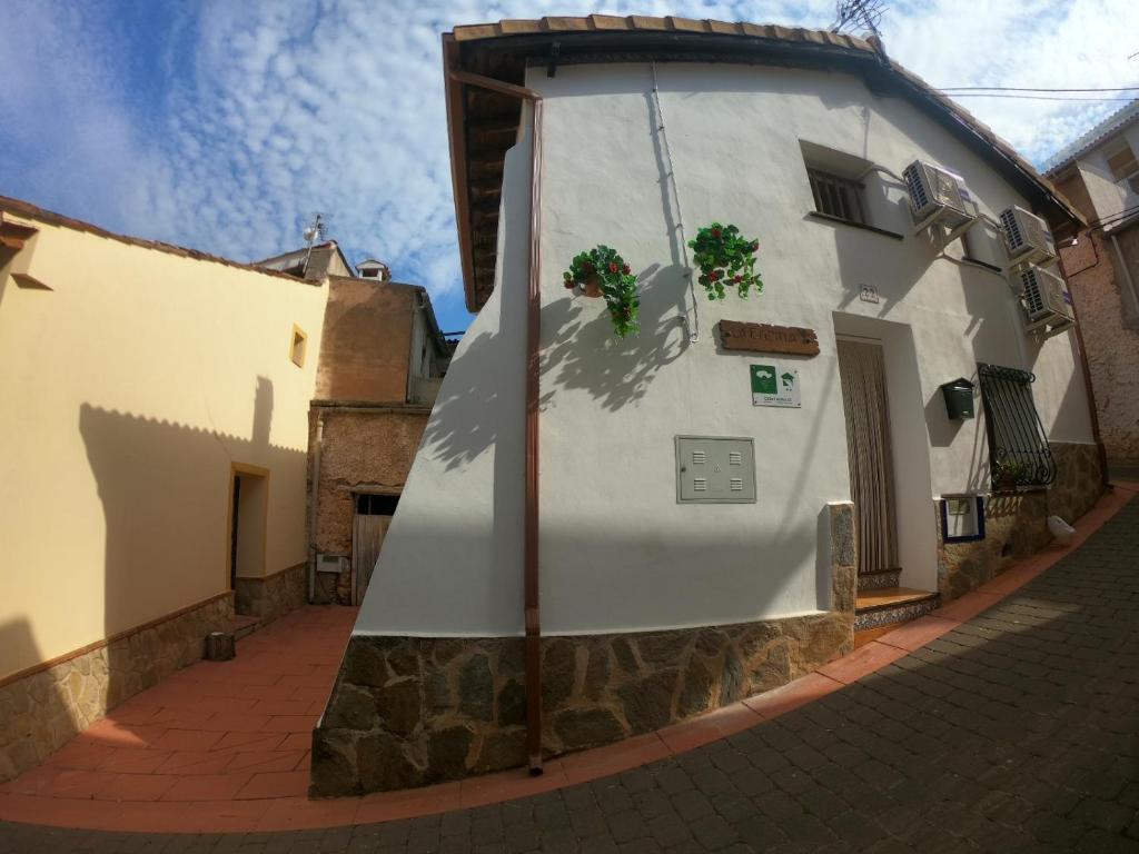 un edificio bianco con piante ai lati di Casa Rural La Encina a Villaverde de Guadalimar