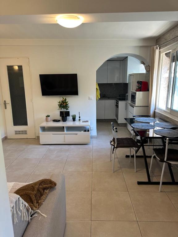 un salon avec un canapé et une table dans l'établissement Agréable 2 pièces en ville comme à la campagne, à Nice