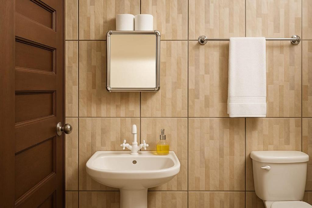 Un baño con lavabo, inodoro y espejo. en xingu, en Santarém