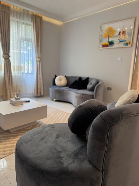 una sala de estar con un sofá y una silla en ONE BDRM apartment In Kisasi, en Nalakonge