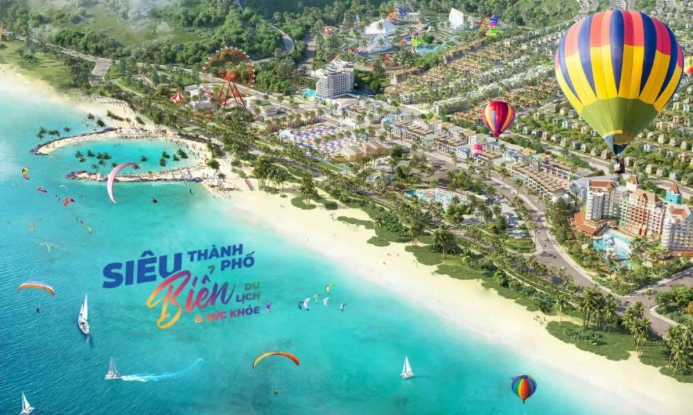 an aerial view of a beach with hot air balloons at Villa ATH Nova Word Phan Thiết in Bình Tú