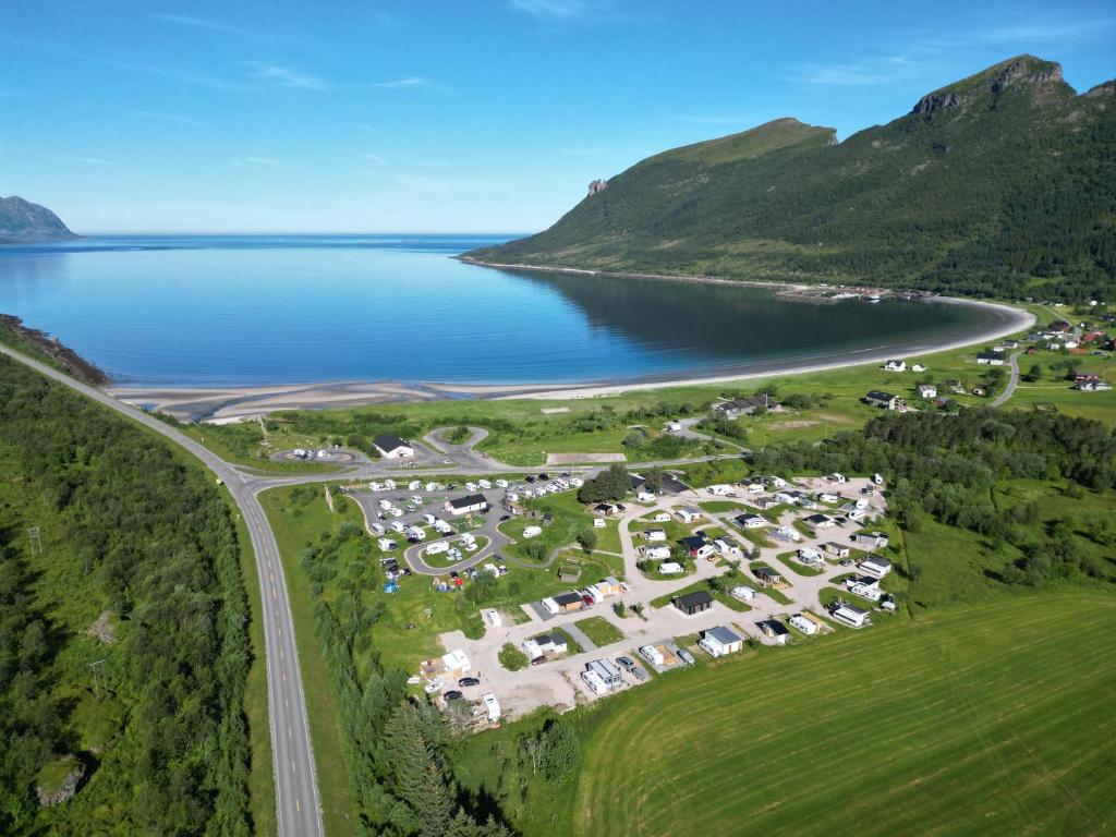 an aerial view of a resort next to a body of water at Storviksanden Camping in Storvik