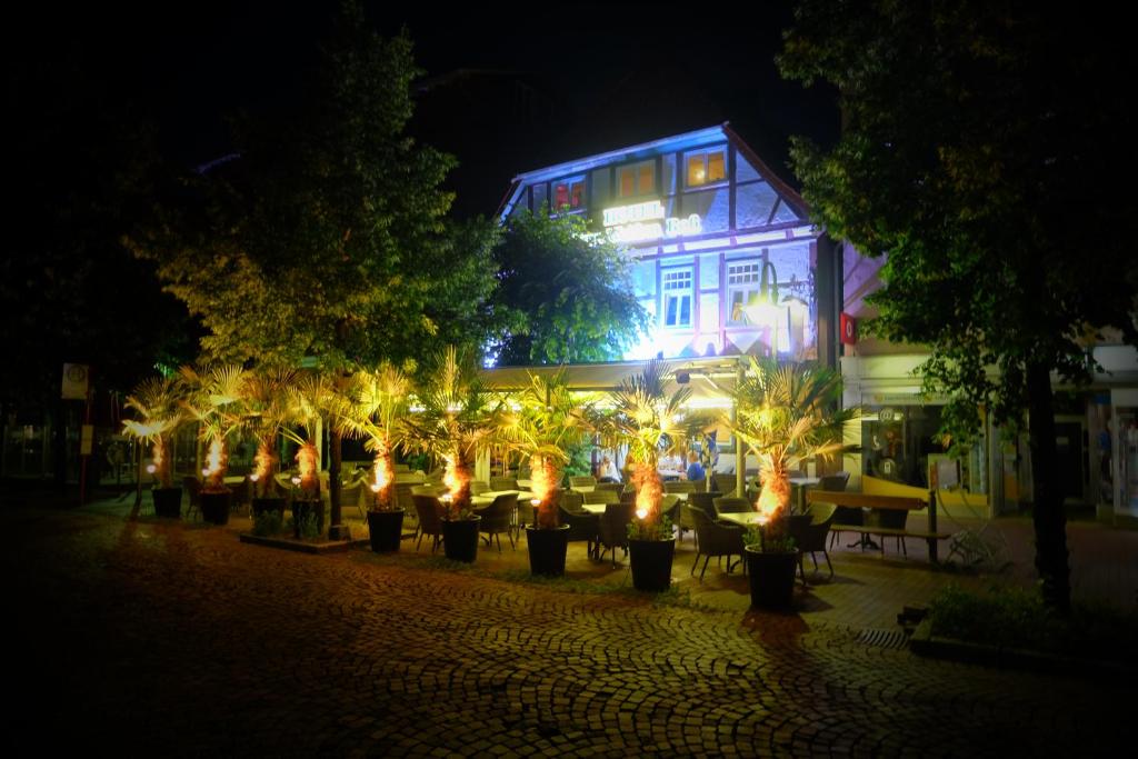 Ein Gebäude mit einem Haufen Bäume in der Nacht. in der Unterkunft Hotel Zum Weißen Roß in Winsen