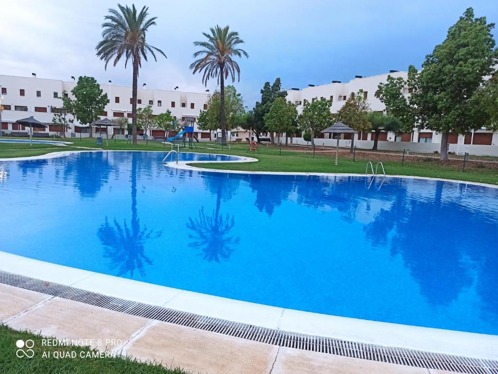 a large blue swimming pool in a park with palm trees at Relax & Play Panoramic Golf Vinaroz, Sant Jordi Apartment in Vinaròs
