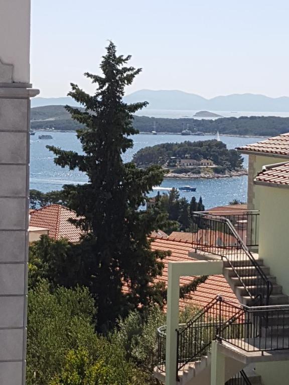 a pine tree on a building with a view of the water at Apartmani Vini in Hvar