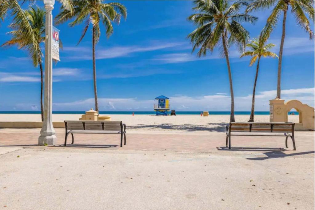 Dos bancos sentados en una playa con palmeras. en The Madison by the Gold Nests, en Hollywood