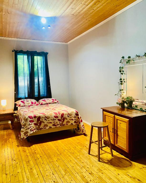 a bedroom with a bed and a table and a mirror at Goose Bay Suite 