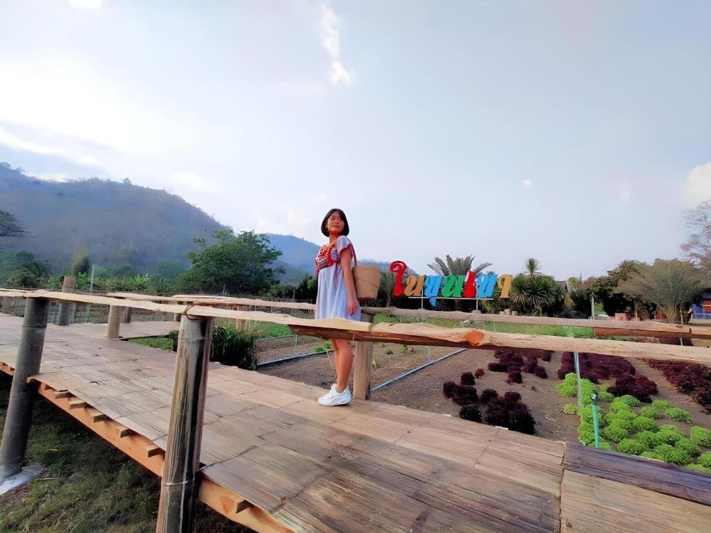 una donna in piedi su un ponte di legno con le anatre di Nai Khun Khao Resort a Chiang Mai