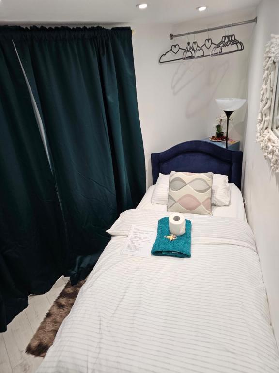 1 dormitorio con 1 cama con cortina verde en Single Cosy Bedroom in Dartford- Private Entrance for guest, en Kent