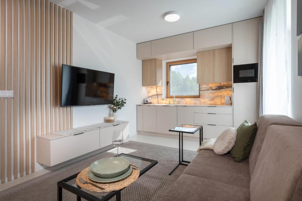 a living room with a couch and a tv at TRITA SK - Lebenski A27 - Infrasauna - Brand new - Parking in Vysoké Tatry